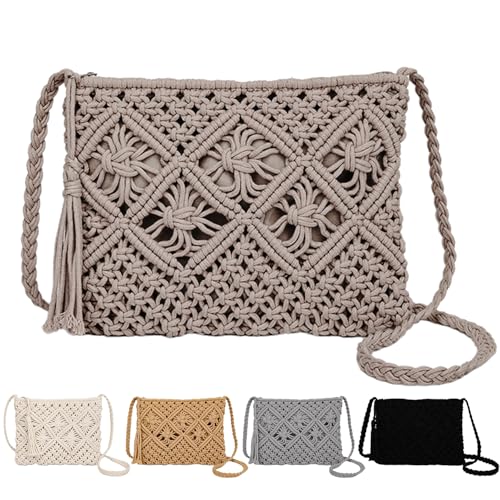 Peicees Crossbody Bag Purse For Women Bohemian Shoulder Bag Woven Crochet Purse For Summer Beach Travel Clutch Handbag - color: Grey