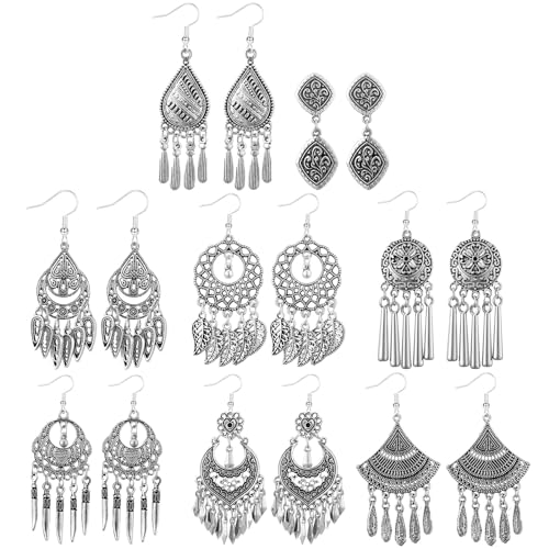 Glenmal 8 Pairs Jhumka Indian Earrings Metal Bohemian Chandelier Dangle Earring for Women(Retro)