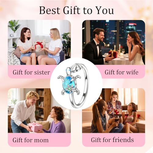 PARCOM Adjustable Women Stackable Ring, 925 Sterling Silver Open Rings - Trendy Eternity Cubic Zirconia Stackable Band Engagement Promise Ring for Her, Hypoallergenic Non Tarnish Nature Bird Floral Thumb Rings - color: Blue turtle shell