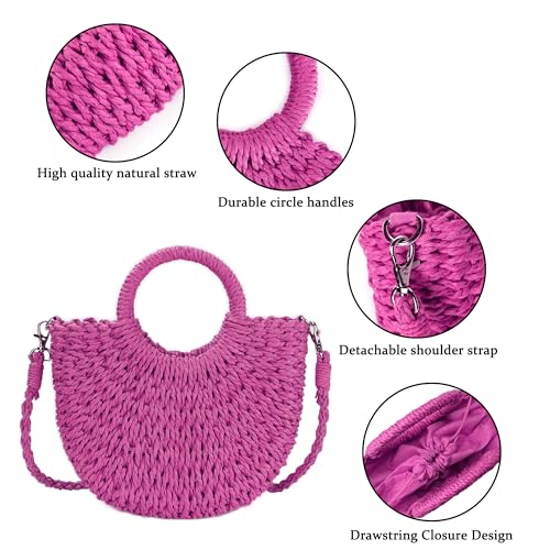 Womens Straw Beach Bag Woven Crossbody Shoulder Bags Top Handle Satchel Handbag Purse for Summer - color: Rose Red