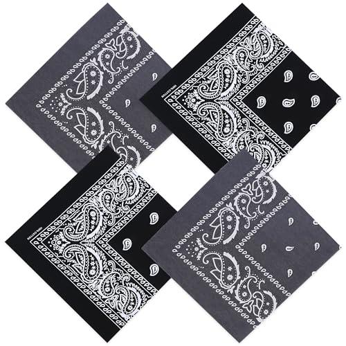 Mochabao 100% Cotton 27" x 27" Large Bandanas for Men & Women, Multi-Purpose Bandana Headbands, Square Head Scarf - color: Black/Gray