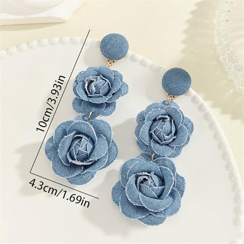 coadipress Boho Denim Camellia Flower Dangle Earrings for Women Exaggerated Big Layered Tiered Blossom Floral Drop Long Earring Chic Statement Earrings Wedding Bridal Jewelry Gifts - style: 2 Flowers Light Blue