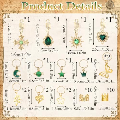 36PCS Hair Jewelry Green Crystal Loc Charms Butterfly Braids Clips Heart Dreadlock Hair Pendant Gold Hair Cuffs Rings Metal Braids Accessories - color: Green