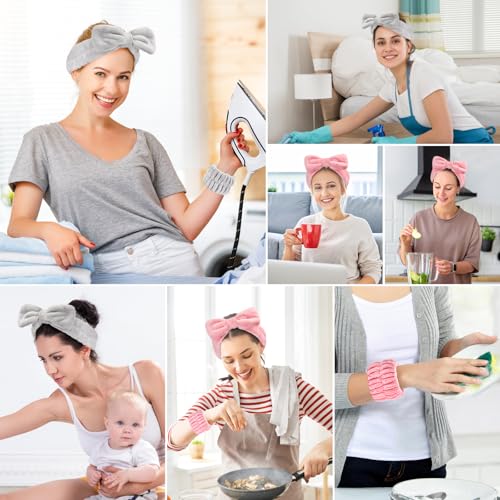 Dorbetar 6Pack Headband and Wristband Set for Washing Face, Spa Skincare Makeup Headband, Soft Puffy Hair Band Bow Tie, for Women and Teen Girl Trendy Stuff Gifts - color: light gray+Bean Pink