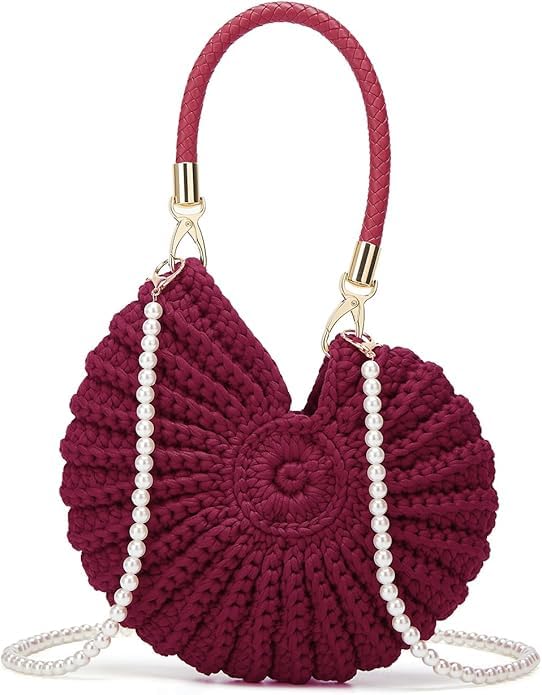 Handmade Crochet Tote Bag Seashell Purse for Women Boho Shell Handbag Crossbody Shoulder Bag Summer Beach Clutch Hobo Handbag - color: Winered