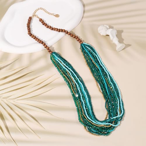 Coiris Chunky Statement Necklaces for Women Boho Multi Long Layered Strand Beaded Necklace for Women Handmade Crystal Beach Jewelry Gift - color: Green