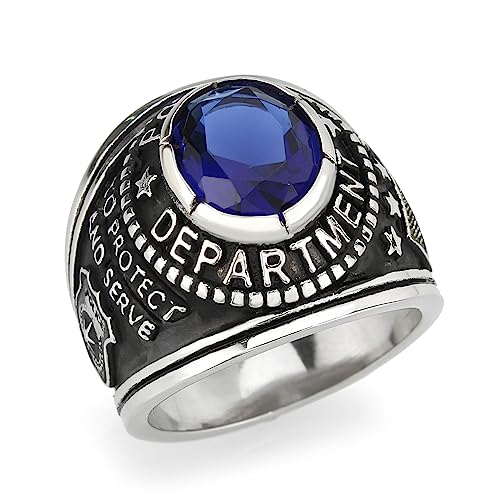 Mia Arte Mens Custom US Vintage Police Officer Shield Ring with Engraved Name | Durable TK316 Stainless Steel | Size 8-14 - color: Silver