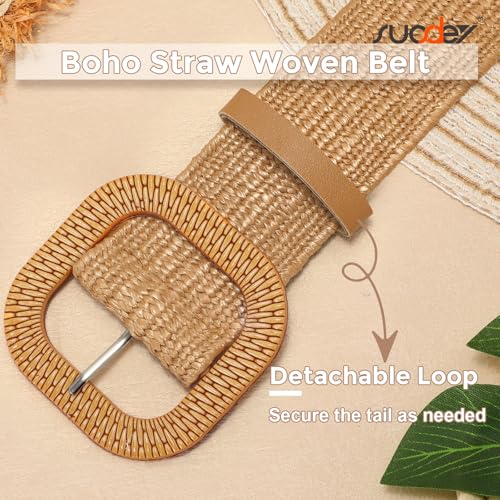 SUOSDEY Straw Woven stretchy Waist Belt for Women Dresses,Wide Boho Braided Elastic Belt with Round Buckle - color: 02-camel Square, size: Fits waist from 38"-42"