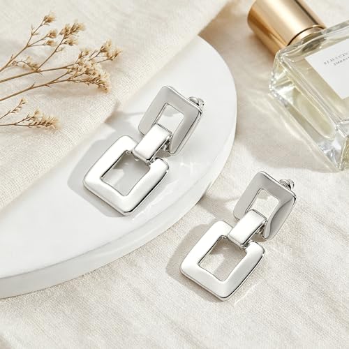 MUYAN Gold Silver Geometric Drop Dangle Earrings for Women Brushed Link Square Dangle Earrings Trendy Jewelry - color: B Silver