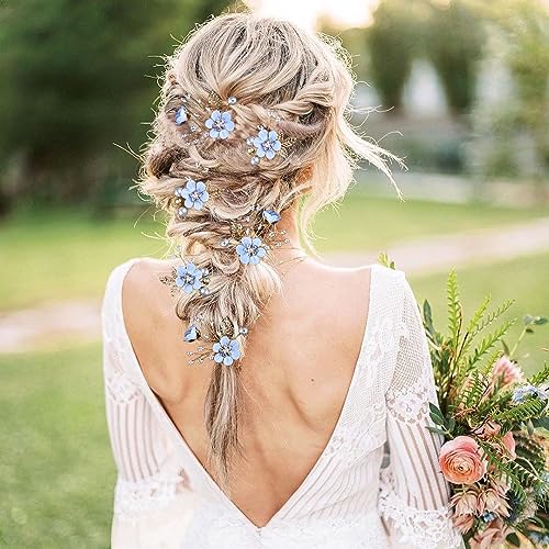 6 Pieces Bridal Flower Wedding Hair Pins Crystal Pearl Hair Pins Clips Headpiece Gold Wedding Hair Accessories Jewelry with Rhinestone for Brides Bridesmaids Women Girls Updo (Special Cream Blue) - color: Special Cream Blue