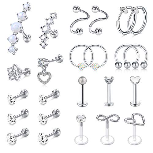 Mayhoop 16g Cartilage Earrings - Men Women Surgical Stainless Steel Tragus Piercing Jewelry Stud Hoop Forward Helix Rook Daith Conch Earrings - style: Silver