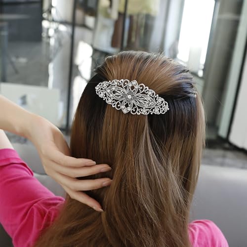 Vintage Flower Hair Barrette Hair Slides, Antique Style Hair Clips for Women Jewellery, Sparkly Silver Hair Clip Hair Accessory Crystal Grips for Women Girls Wedding Birthday Prom Gift
