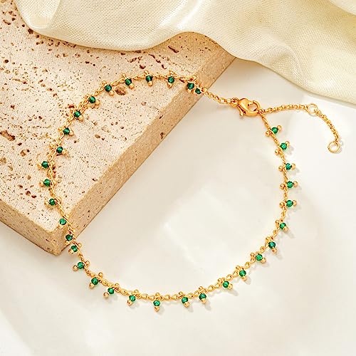 MTMY Gold Anklets for Women 14K Gold Plated Tiny Bead Anklet Colorful Tassel Foot Chain Dainty Adjustable Cute Summer Beach Boho Anklets Jewelry Gift - style: green crystal