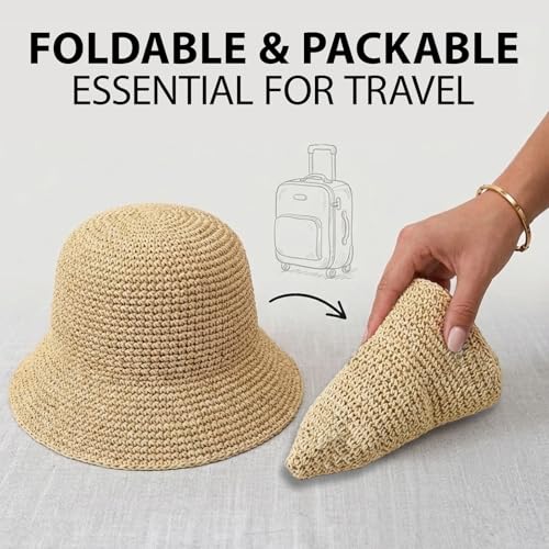 Straw Bucket Hat for Women Foldable Summer Beach Sun Hats Wide Brim Crochet Floppy Hat for Vacation Travel Shade & Style - color: Beige-b