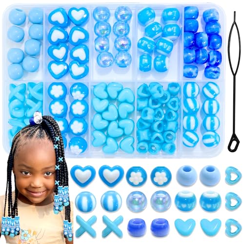 NAISKA 100PCS Blue Hair Beads Sets Heart Braids Beads 10 Styles Loc Bead Flower Round Pony Bead Loc Dreadlock Braids Accessories for Kids Girls - color: Blue