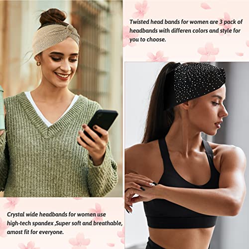Sparkly Crystal Bling Fancy Headbands with Stretchy Elastic Head Wraps and Turban Scarf for Black Women - 3 Pcs - color: White & Khaki & Black