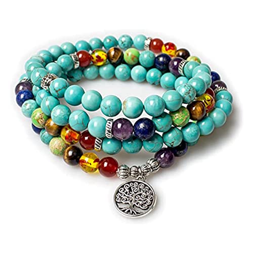 108 Mala Beads Necklace 7 Chakra Buddhist Prayer Beaded Bracelet Tree of Life Pendant Stone Yoga Necklace - color: Turquoise-Tree