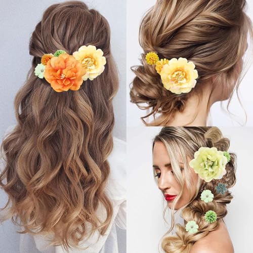 21 Pieces Silk Flower Hair Clip Women Aesthetic Boho Floral Hair Barrettes Handmade Rose Bride Barre Hair Accessories Wedding(Green & Yellow) - color: Green & Yellow