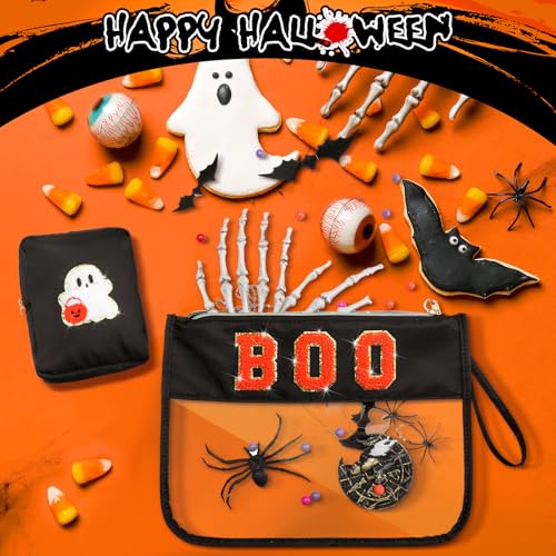 Hillban 2 Pcs Summer Halloween Gifts Chenille Letter Bags Boo Patch Makeup Bag Spooky Pumpkin Flat Clear Pouch PVC Organizer Purse Waterproof Travel Cosmetic Bag Portable Storage Case for Women - style: Boo Theme