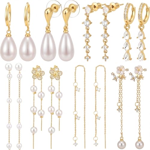 Nosiny 8 Pairs Gold Dangle Pearl Drop Earrings Set for Women Long Tassel Threader Chain Flower Sparkling Cz Threader Drop Earring Chain Wedding Bridal Earring Set for Women Trendy