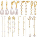 Nosiny 8 Pairs Gold Dangle Pearl Drop Earrings Set for Women Long Tassel Threader Chain Flower Sparkling Cz Threader Drop Earring Chain Wedding Bridal Earring Set for Women Trendy