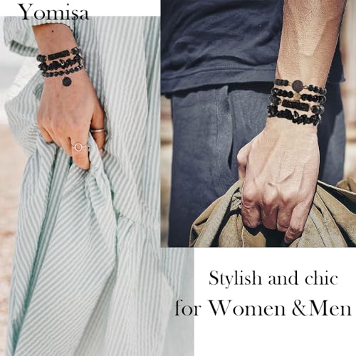 Yomisa 5PCS 6PCS Natural Boho Beaded Bracelets/Bangle for Women Men,Healing Turquoise Jasper Agate Crystal Gemstone Stone Chakra Multilayer Wrap Bohemian Handmade Jewelry Beads Stretch Bracelet Set - color: 5PCS-Black