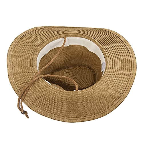 Wide Brim Straw Cowboy Hat for Men Women Western Cowgirl Sun Hat Packable UPF 50+ Beach Cap Shapeable Fedora Panama Cap - color: Khaki