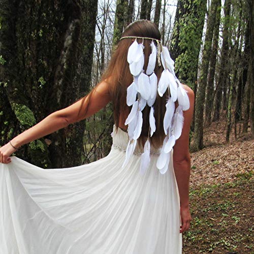 Feather Headband White Hippie Indian Boho Hair Bands Tassel Bohemian Halloween Hair Hoop Women Crown Hairband Party Decoration Headdress Cosplay Costume Headwear Headpiece Christmas Hair Accessories - color: White