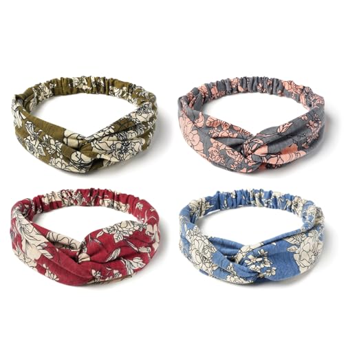 AQOKKA Elastic Knotted Headbands for Women Cloth Head Hair Bands for Women's Hair Non Slip Boho Wrap Twisted Hair Accessories - color: 4 Pack Cross Floral : Grey, Blue, Green, Burgundy