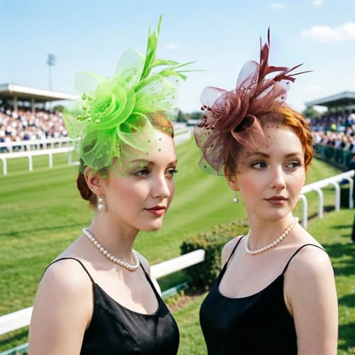 DRESHOW Fascinators Hat Flower Mesh Ribbons Feathers on a Headband and a Clip Tea Party Headwear for Girls and Women - color: 7" Diameter / Coffee