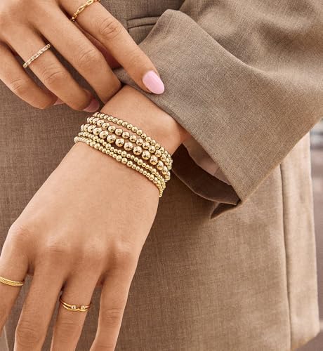 Gold Beaded Bracelets for Women, 14K Real Gold Plated Jewelry for Women Dainty Pearl Bead Bracelets Stack, Non Tarnish Trendy Stackable Ball Cross Stretch Bracelet Set Fashion Accessories Gifts - color: 5 PCS gold bead