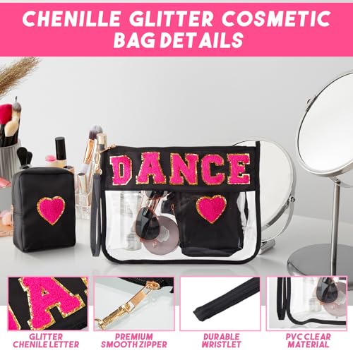 Hillban 2 Pcs Dance Recital Gifts Makeup Bags Chenille Letter Bags for Dance Team Gifts PVC Clear Cheer Case Toiletry Zipper Pouch for Women Ballet Competition Accessories Dancer Stuff - style: Dance Theme