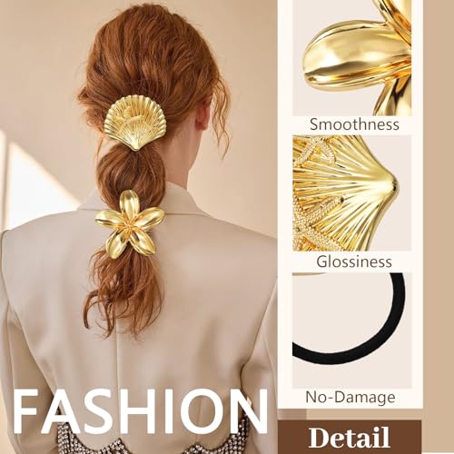 3PCS Gold Hair Ties, Metal Hair Ties for Thick Hair, Elegant Durable Geometric Design, Gold Hair Accessories Stretchy and Non-Damage Ponytail Holders, Ocean Pattern 3 Style Starfish Shell Flower - color: Gold Set 02