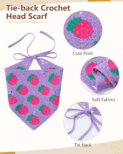 AWAYTR Crochet Head Scarf Hair Bandanas Women Knit Bandana Headband Scarf Tie-Back Head Coverings Floral Headscarf - color: White / Purple / Pink