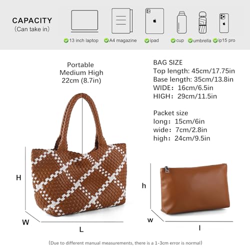 Woven Tote Bag Womens Purse Vegan Leather Shoulder Handbags Fashion Summer Beach Tote Bags Large Travel Totes - color: Brown-w