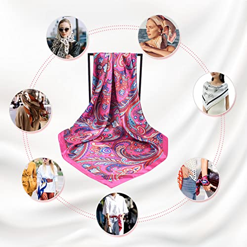 4Pcs Silk Head Scarves for Women Satin Hair Scarf 35”Large Square Bandana Silk Like Neck Scarf Shawl - color: Blue/Purple/Red/Black