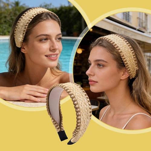 Handwoven Straw Boho Wide Headband for Women Bohemian Non Slip Rattan Crochet Headband Hair Accessory with Gold Trim Braided Hair Band for Summer Beach Festival Wedding Vacation