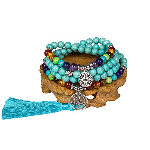 108 Mala Beads Necklace 7 Chakra Buddhist Prayer Beaded Bracelet Tree of Life Pendant Stone Yoga Necklace - color: Tassel-Turquoise