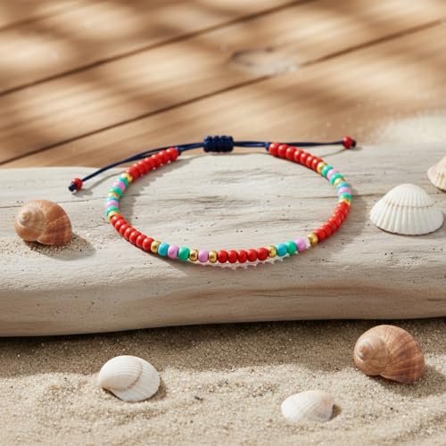 Anklets for Women, Handmade Colorful Beaded Adjustable Gemstone Anklet, Colorful Small Beads Hippie Foot Jewelry, Ankle Bracelet, Boho Style Waterproof, Gift Set with Box & Ribbon - color: Red