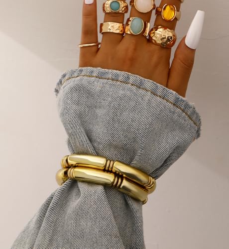 iF YOU 6pcs Chunky Acrylic Bangle Bracelets for Women, Resin Bamboo Brown Stretchy Bracelet Stack, Fashion Jewelry for Women - color: 6 Gold chunky acrylic bracelets