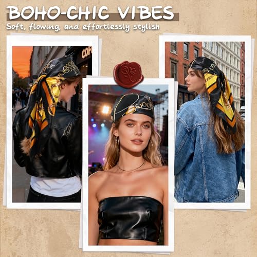 Large Square Head Scarf Bandana - 35" Satin Hair Scarf for Women Like Silk Scarf Fashion Hair Wrapping - color: Chain Loop(black), size: 35IN*35IN