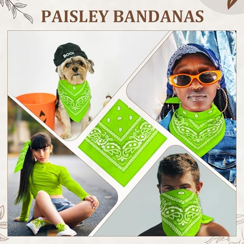 12 Pack Bandanas Unisex Paisley Cowboy Bandanas Bulk Multi Purpose Headband Scarf for Men Women Costume - color: Lime Green, style: Classic