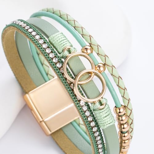 FANCY SHINY Boho Leather Wrap Bracelet Stackable Infinity Chunky Cuff Bracelets Western Hippie Outfits Jewelry Valentine Gifts for Women - color: Avocado