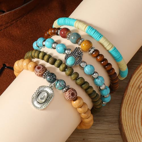 Western Turquoise Beaded Bracelet Stack - Vintage Cowgirl Stretch Set with Bull Skull, Feather & Boot Charms, Handmade Boho Jewelry for Rodeo, Country Concerts & Casual Western Outfits - style: Hat