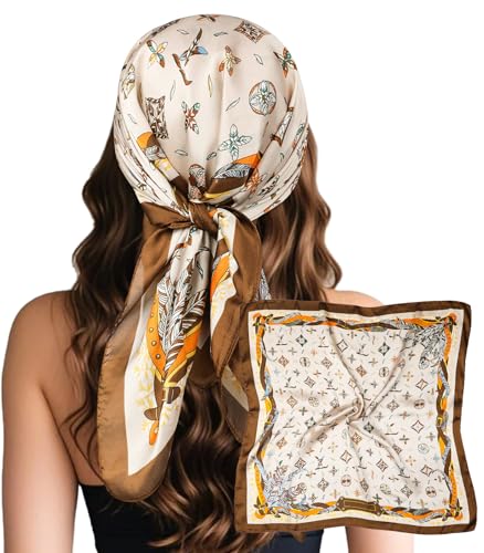 Sumolux Head Hair Scarf for Women Like Satin Silk Scarf Bandana Hair Wrapping Night Large Square Scarves 27.5" - color: Khaki Feather