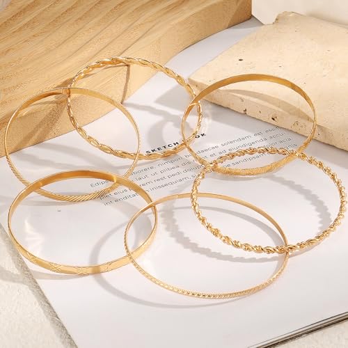 IFKM Gold Chain Bracelets Set for Women, 14K Gold Plated Multiple Layered Stackable Open Cuff Bangle Bracelet Anklet Bracelets Adjustable Link Tennis Beads Italian Cuban Jewelry for Women Gift - style: 6PCS Stack