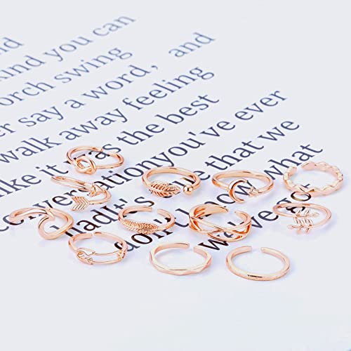Honsny 12PCS Silver Plated Rings Adjustable Open Rings for Women Cute Gold Plated Stackable Thumb Rings Joint Chain Midi FingerArrow Knot Wave Band Rings Set - color: 12PCS Rose Gold