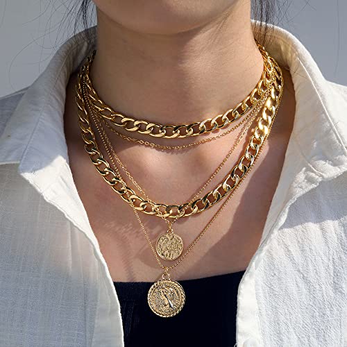 Gold Chunky Necklaces for Women Multi Layered Punk Gold Statement Necklaces Hip Hop Portrait Cuban Link Chain Necklace 90s Outfit Accessories - style: Style3