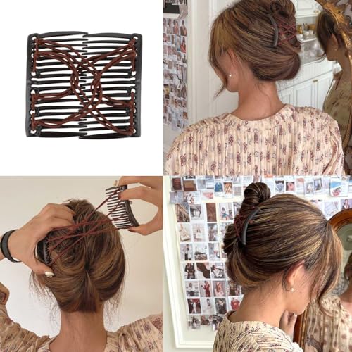 5 Pieces Stretchy Magic Hair Comb Adjustable Elastic Comb Clip for Women Girls No Crease Hair Pins Vintage Bun Maker for Curly Thick Wavy Hair Ponytail - color: Black,Red,Brown,Purple,Blue