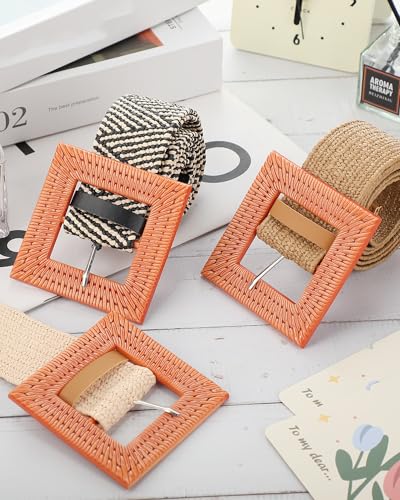 WILLBOND 3 Pcs Women Straw Stretch Belt Elastic Rattan Belts Straw Boho Raffia Belts for Ladies Woven Waist Belt for Dresses - size: Medium, style: Square Buckle